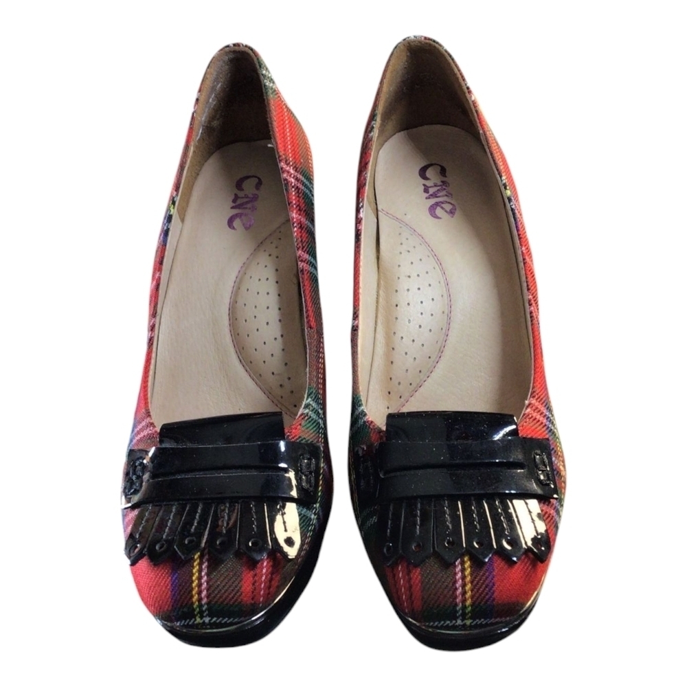 CNE Red and Black Plaid Loafers with Fringe Accents - Picture 2 of 5